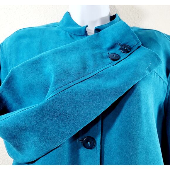 Draper's & Damon's Blue Teal Suede Button Up Blazer Large Band Collar Soft - Picture 7 of 8